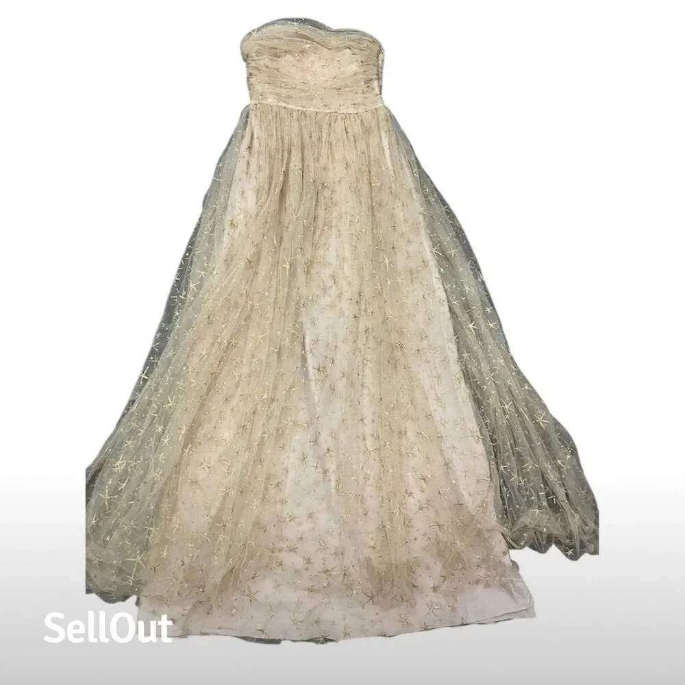 Joanna August Girls Strapless‎ Gold Star Tulle Formal Dress Size 6